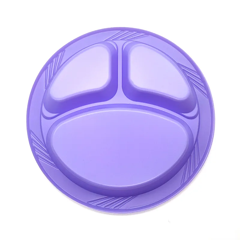 Plato de plástico redondo desechable de 3 compartimentos de 10 pulgadas