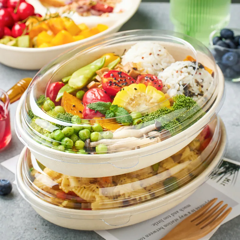 Ensaladera biodegradable de caña de azúcar ovalada de 26 oz con tapa