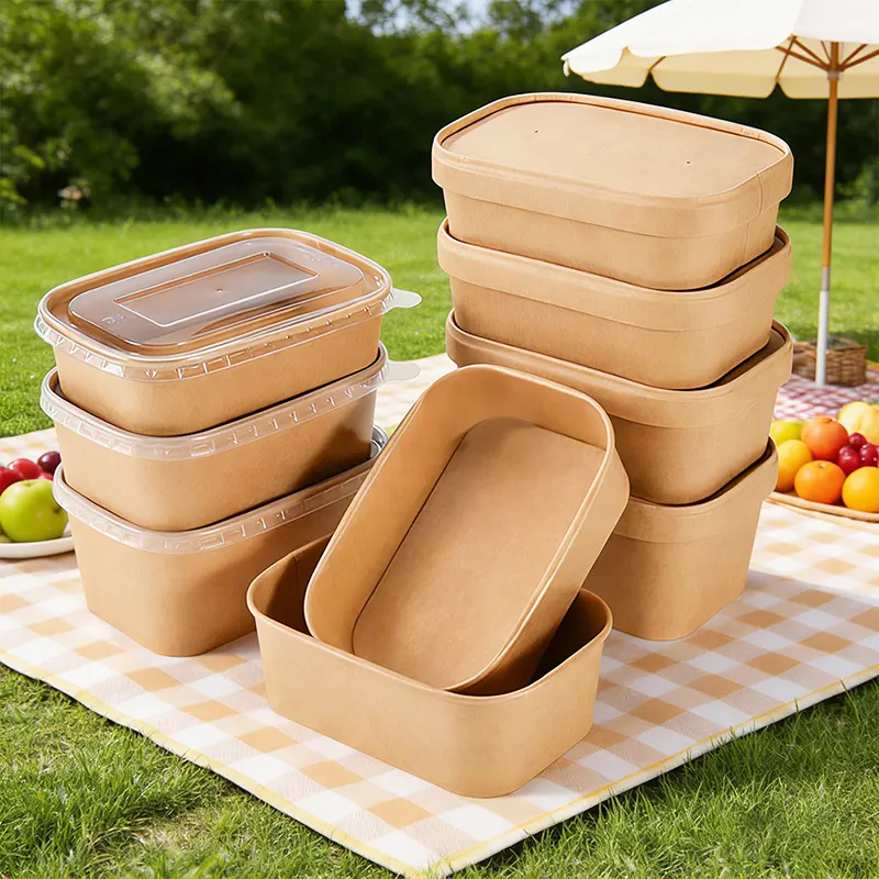 Cuenco de papel para ensalada rectangular de papel Kraft de 750 ml